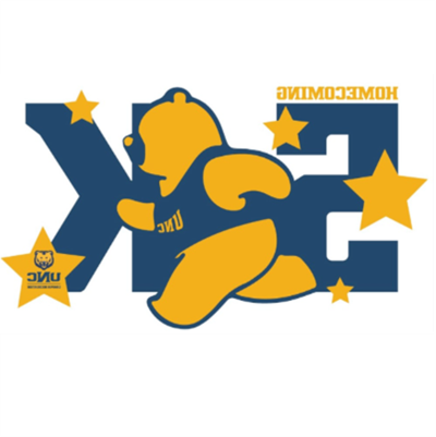 Blue and gold logo for Homecoming 5K with gold stars floating and a yellow bear with a blue UNC shirt running in front of blue 5K letters 